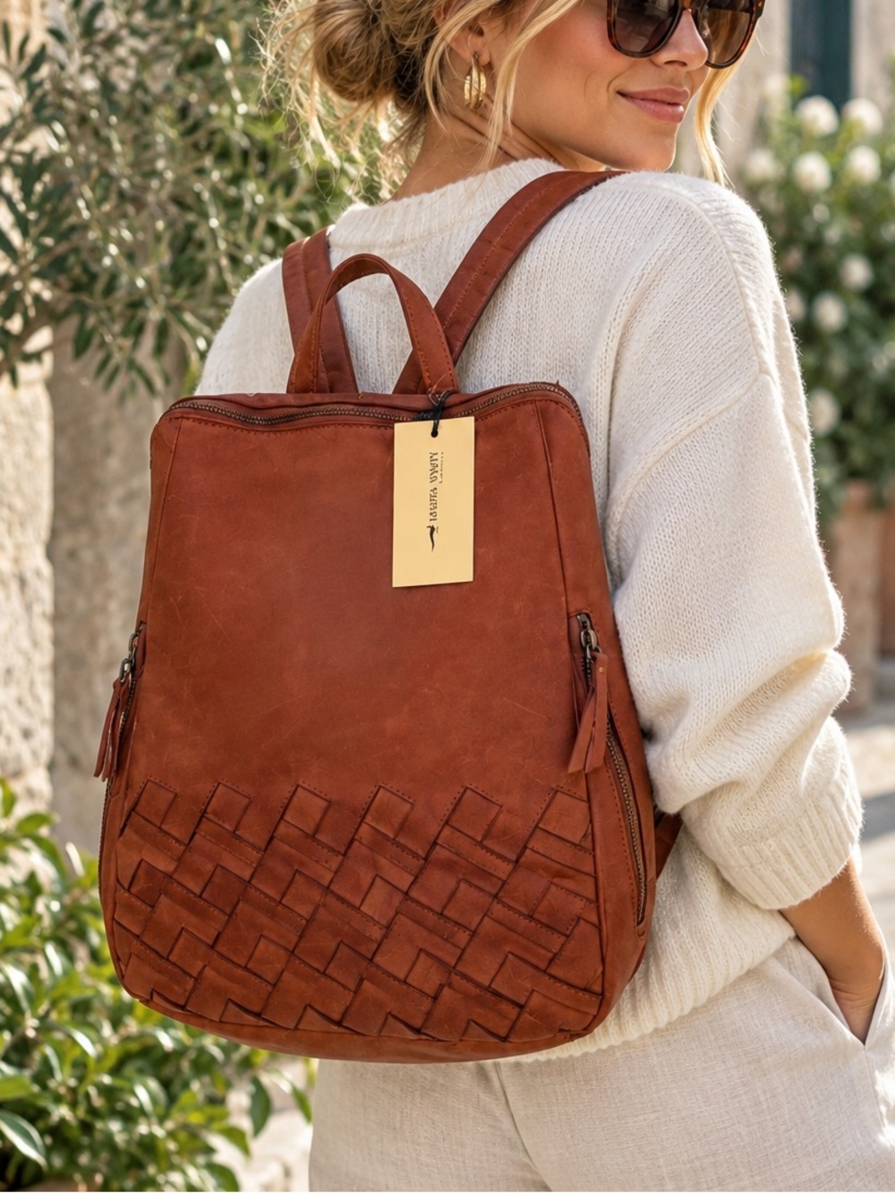 Marta Ponti Genuine Leather Woven Backpack Brown NWT Made in Portugal